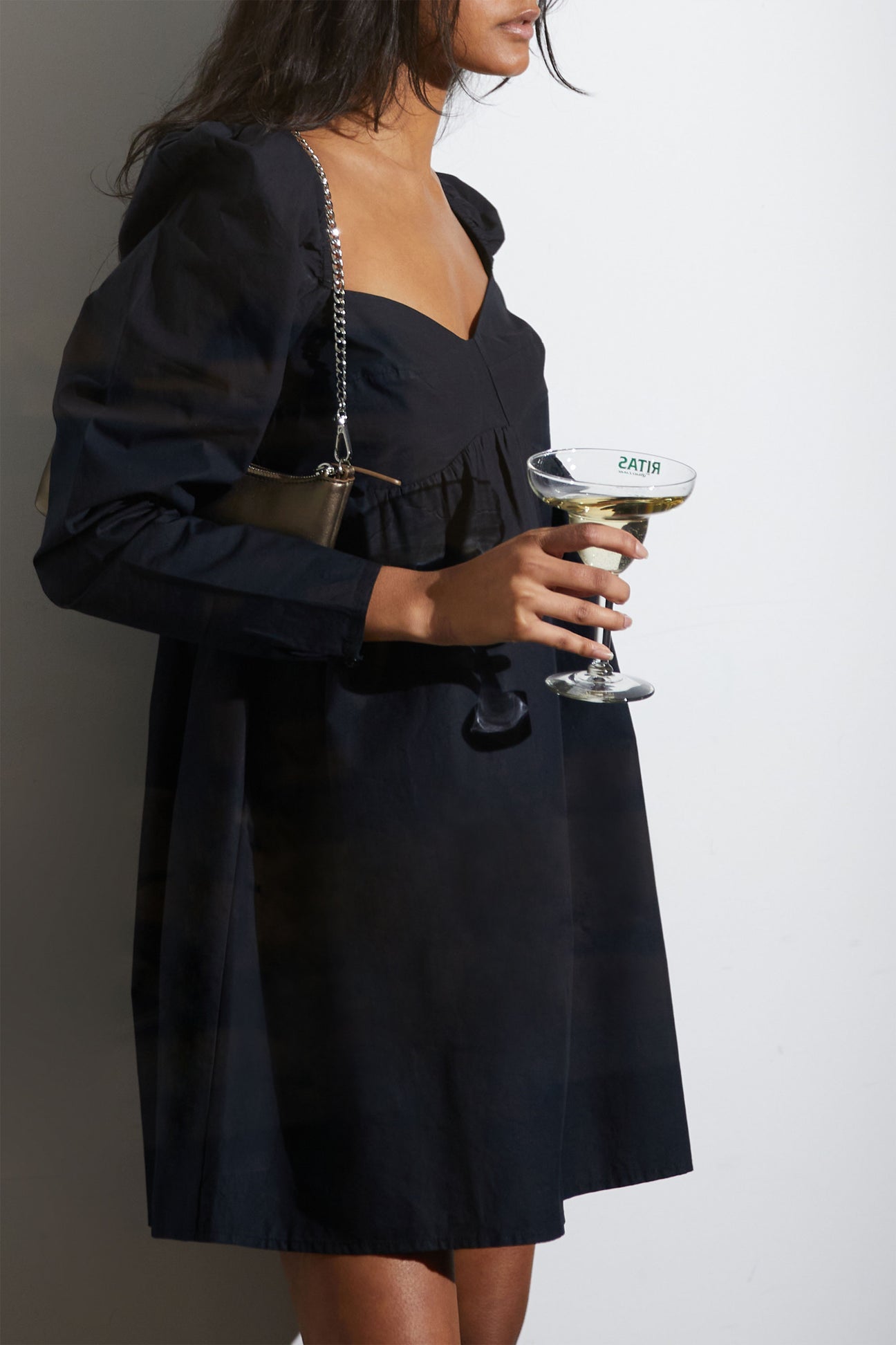 OAK + FORT - Black Sweetheart Puff Sleeve Mini Dress in Cotton Poplin | Size Medium