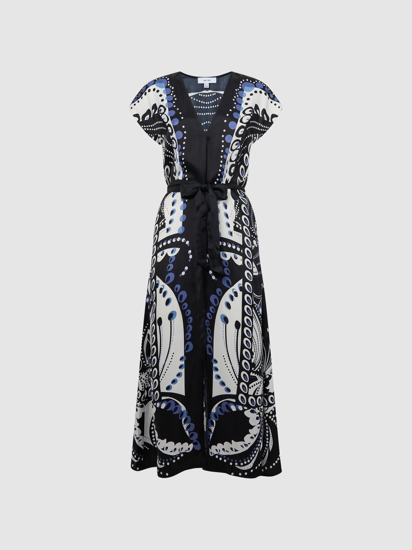 Reiss Freja Scarf Printed Midi Dress in Navy and White | Size 6