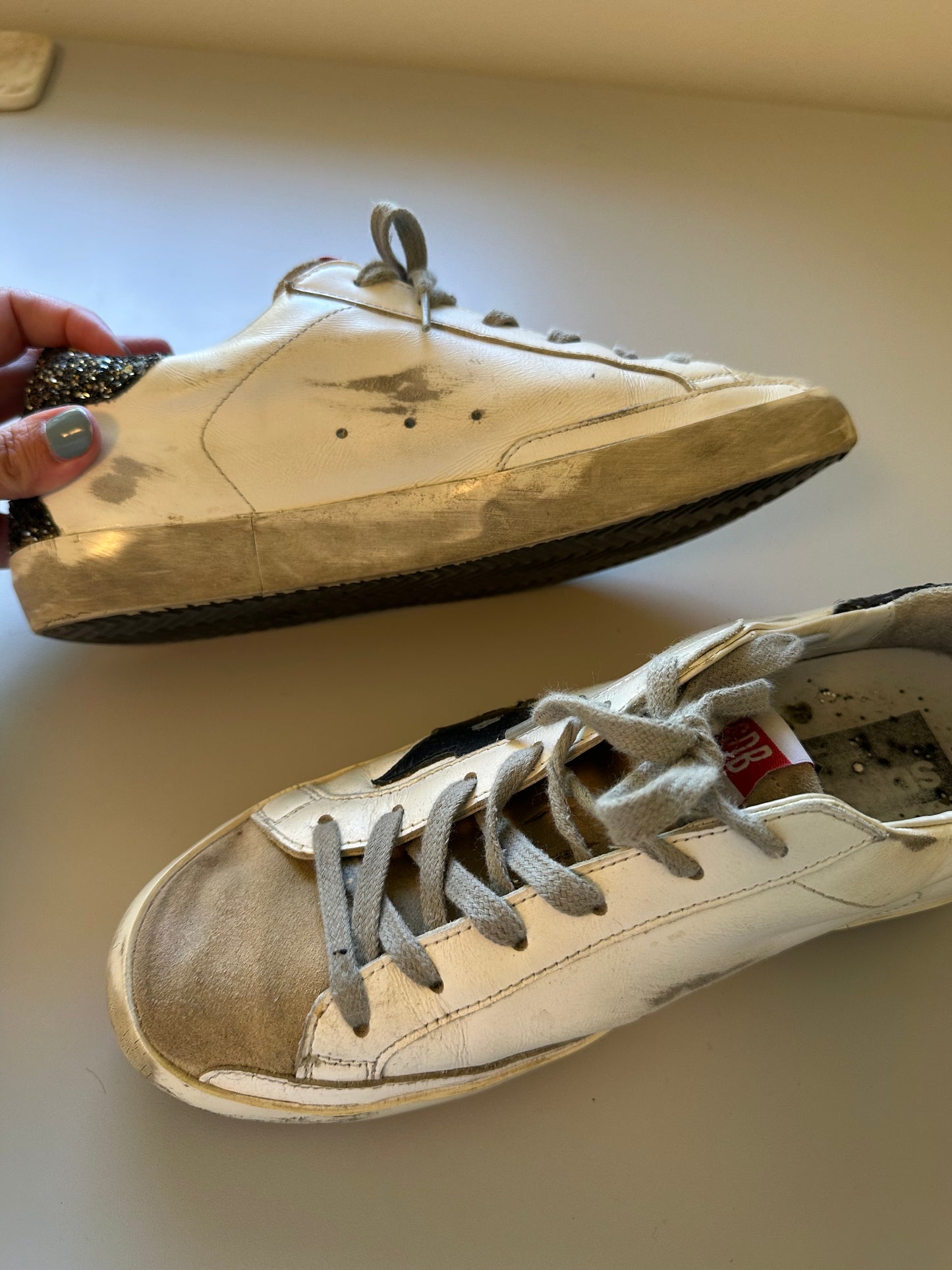 Golden Goose Super-Star Sneakers with a Star and Black Glitter Heel | Size 39