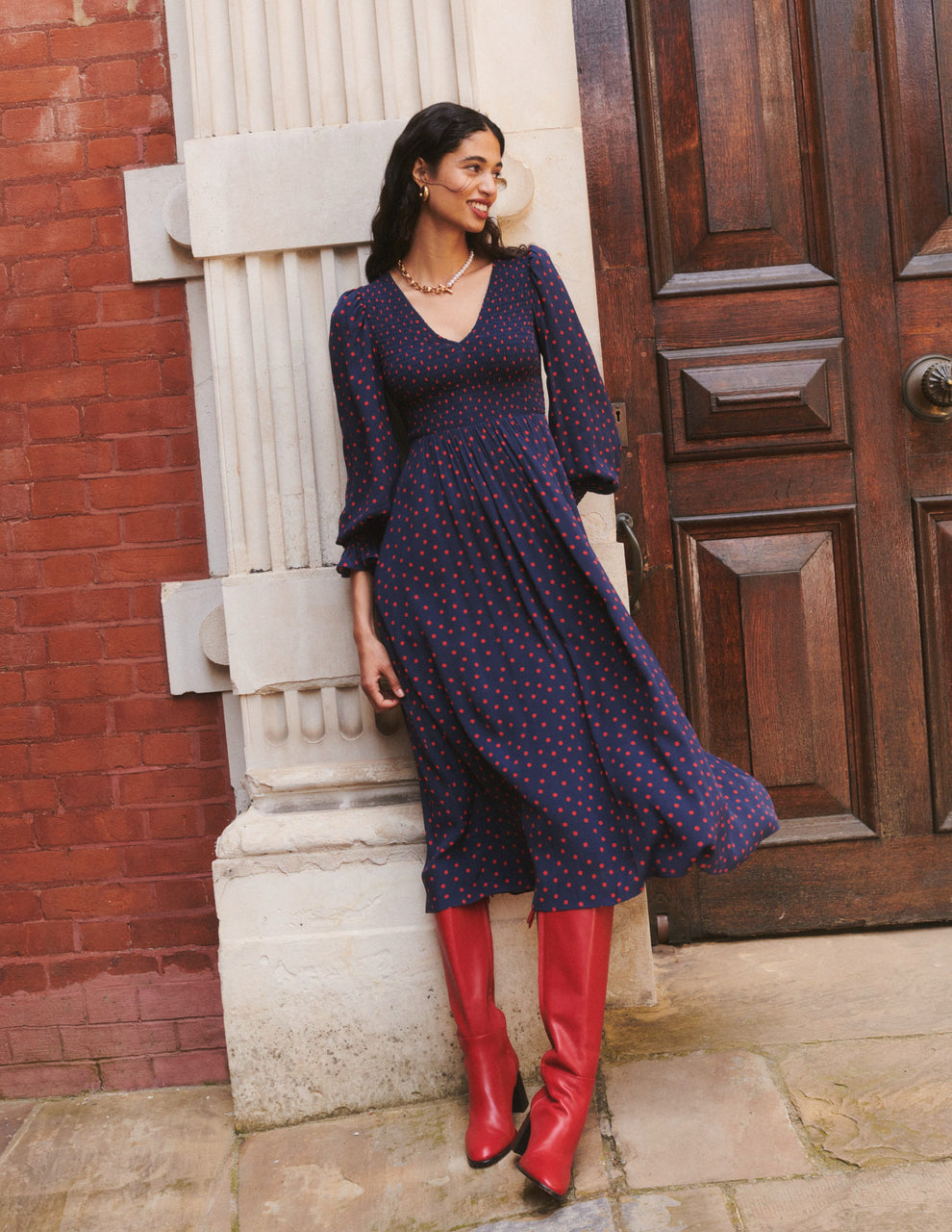 Boden Gemma Smocked Midi Dress in High Risk Red, Abstract Dot - Size 6