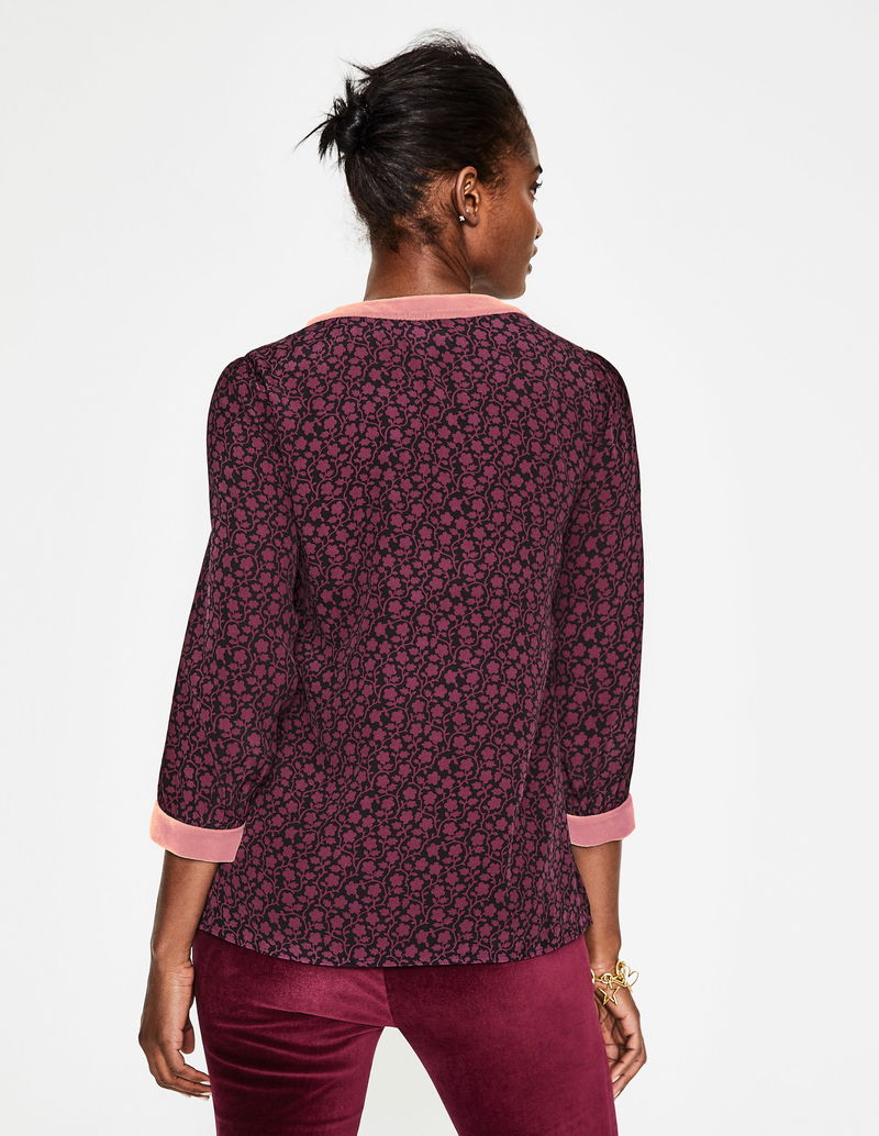 Boden Velvet Trimmed Annabel Top in Pink and Black - Size 8