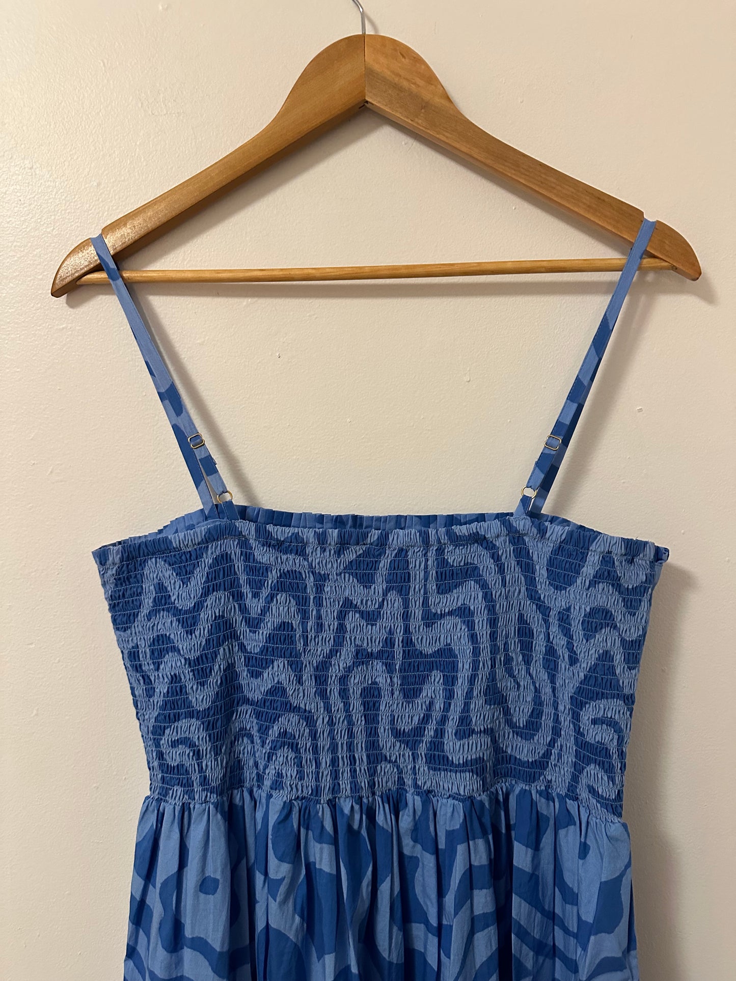 Oliphant Ashbury Smocked Back Cotton Maxi Dress in Blue | Size Medium