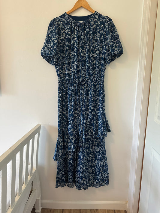 Monique Lhuillier Fil Coupe Tie Waist Floral Blue Dress - Size 10