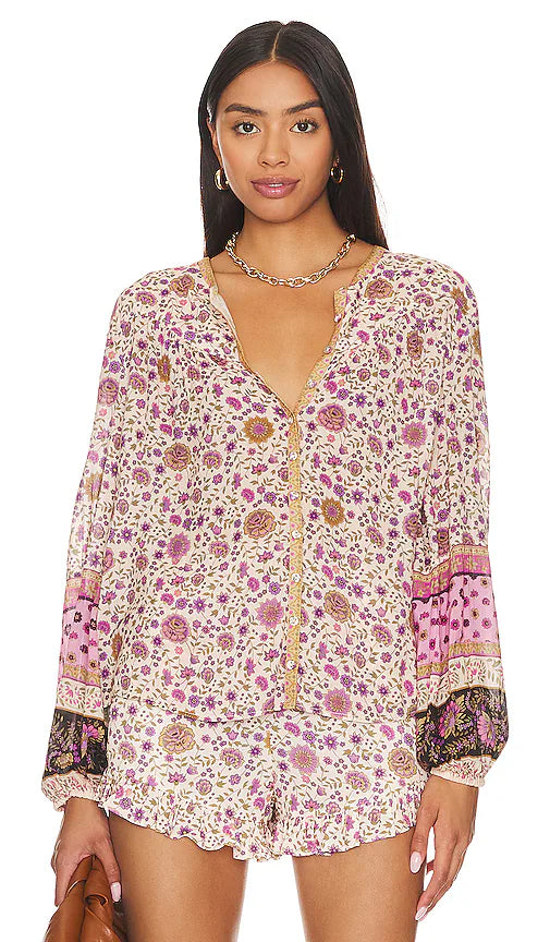 Spell Lady Untamed Floral V-Neck Blouse in Lavender - Size Small