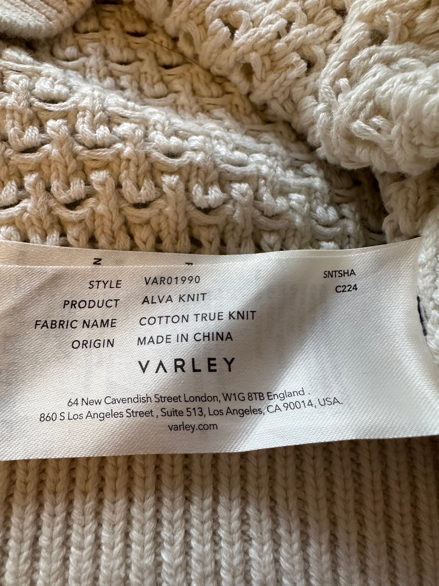 Varley Alva Cream Short Sleeve Knit Sweater Top in Cotton | Size Small