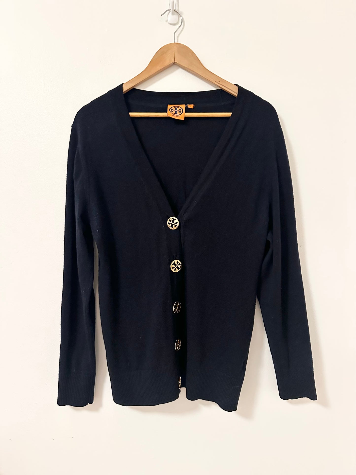 Tory Burch Women's Simone Black Cardigan with Gold Logo Buttons | Size Large