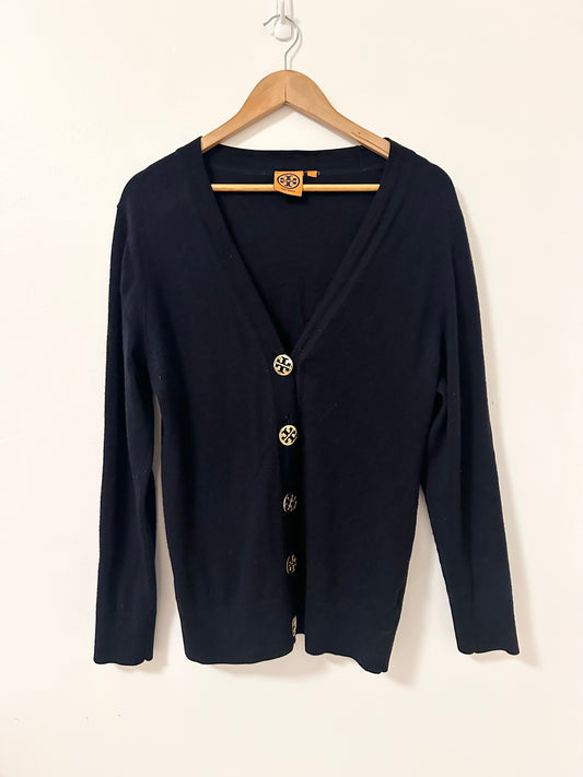 Tory Burch Women's Simone Black Cardigan with Gold Logo Buttons | Size Large