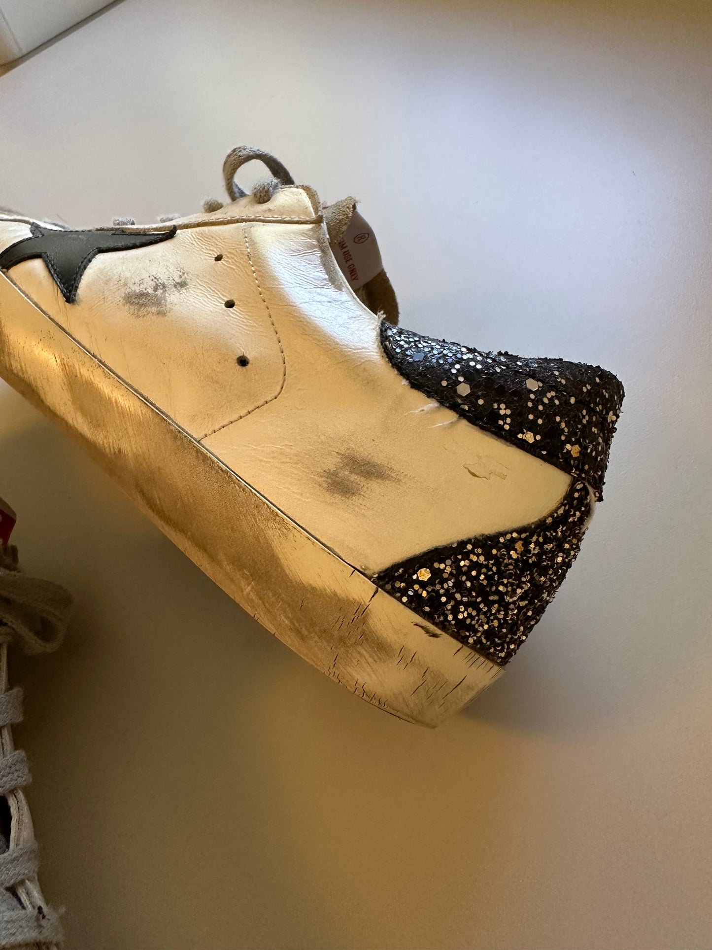 Golden Goose Super-Star Sneakers with a Star and Black Glitter Heel | Size 39