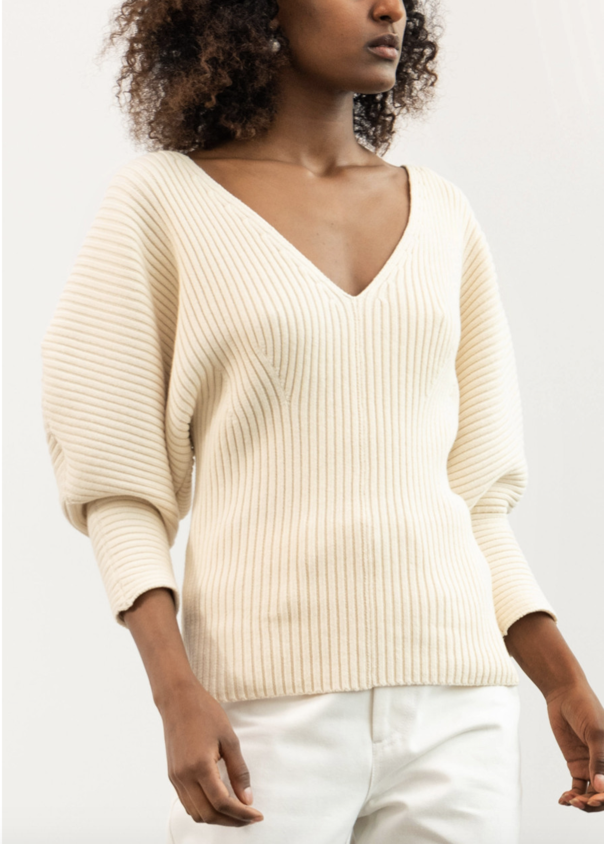Mara Hoffman Olla Cream V-Neck Ribbed Sweater | Size Medium