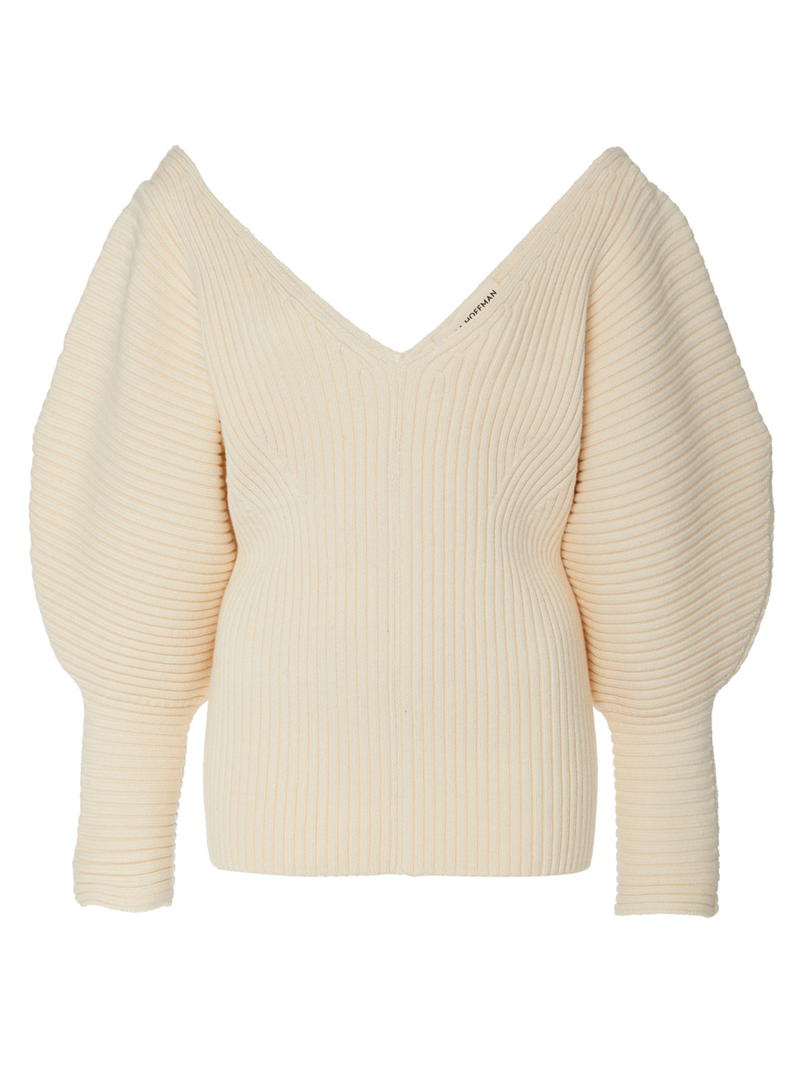 Mara Hoffman Olla Cream V-Neck Ribbed Sweater | Size Medium