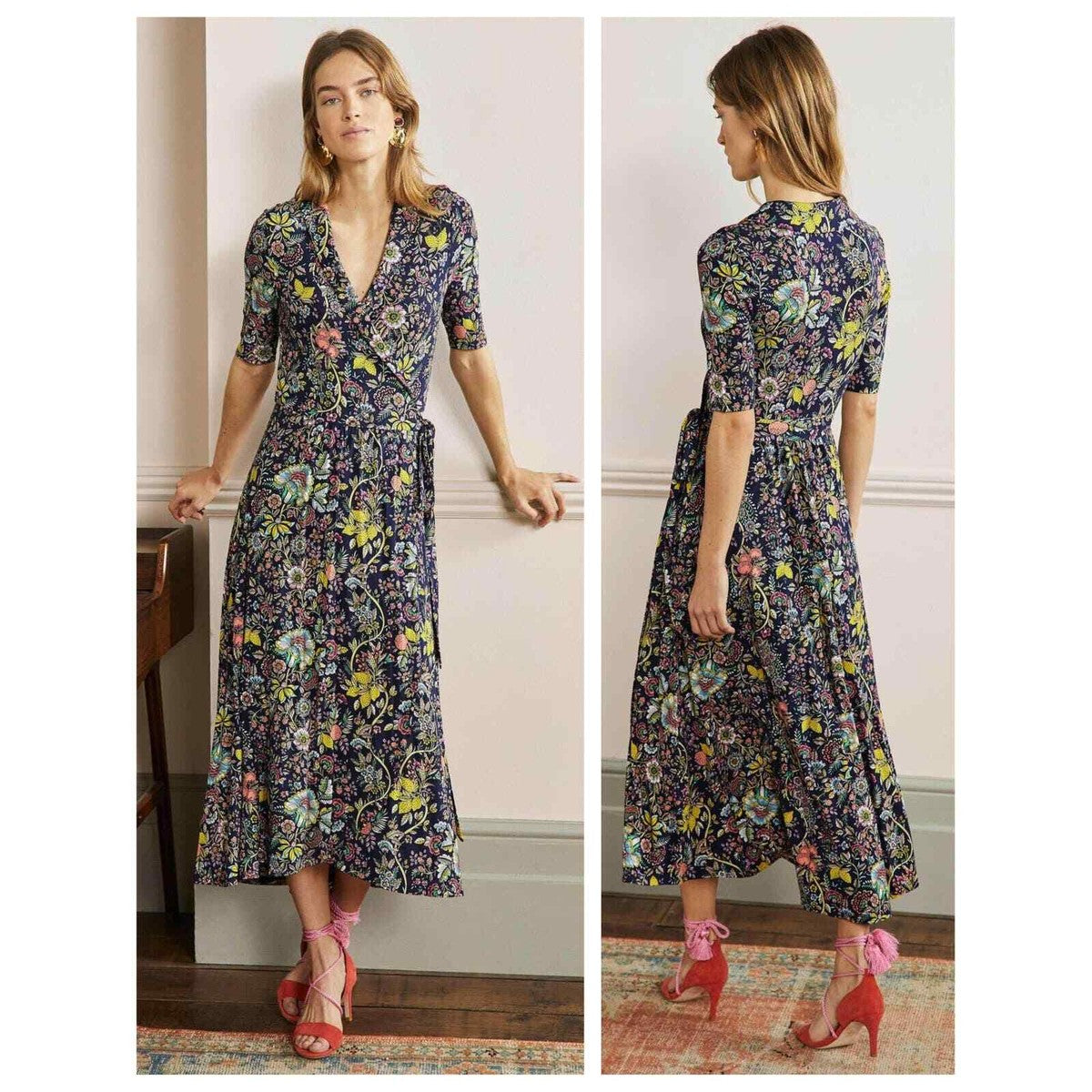 Boden Lavinia Jersey Wrap Dress in Papaya Wildflower Prairie - Size 10