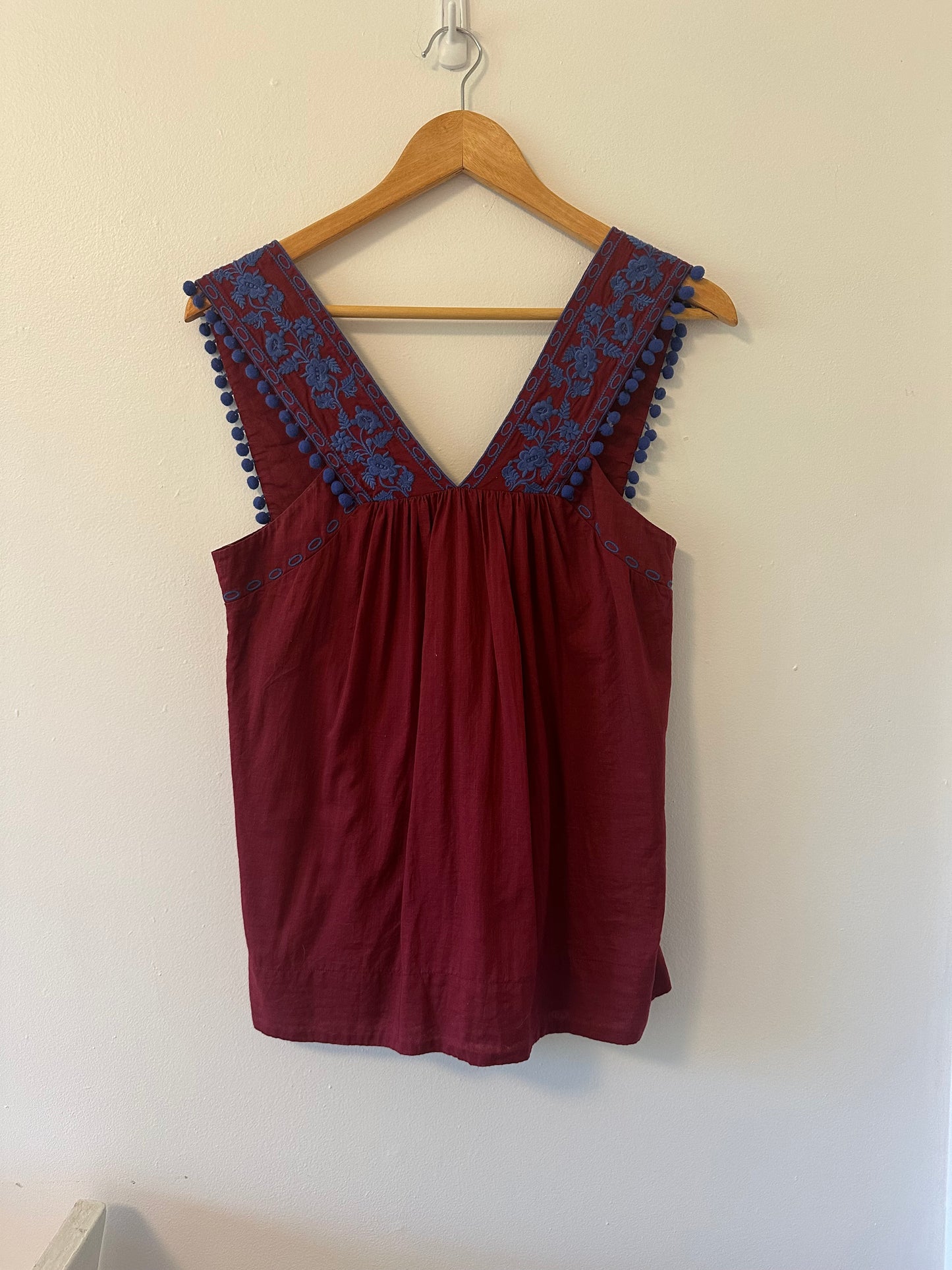 J. Crew Embroidered Burgundy Pom Pom Sleeveless Tank Top - Size 2