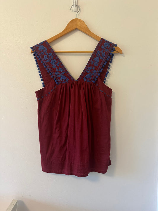 J. Crew Embroidered Burgundy Pom Pom Sleeveless Tank Top - Size 2