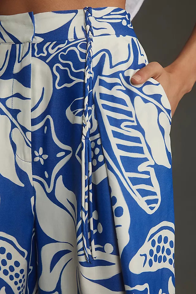 FARM Rio x Anthropologie Tropical Satin Wide Leg Pants in Blue Motif - Size Large