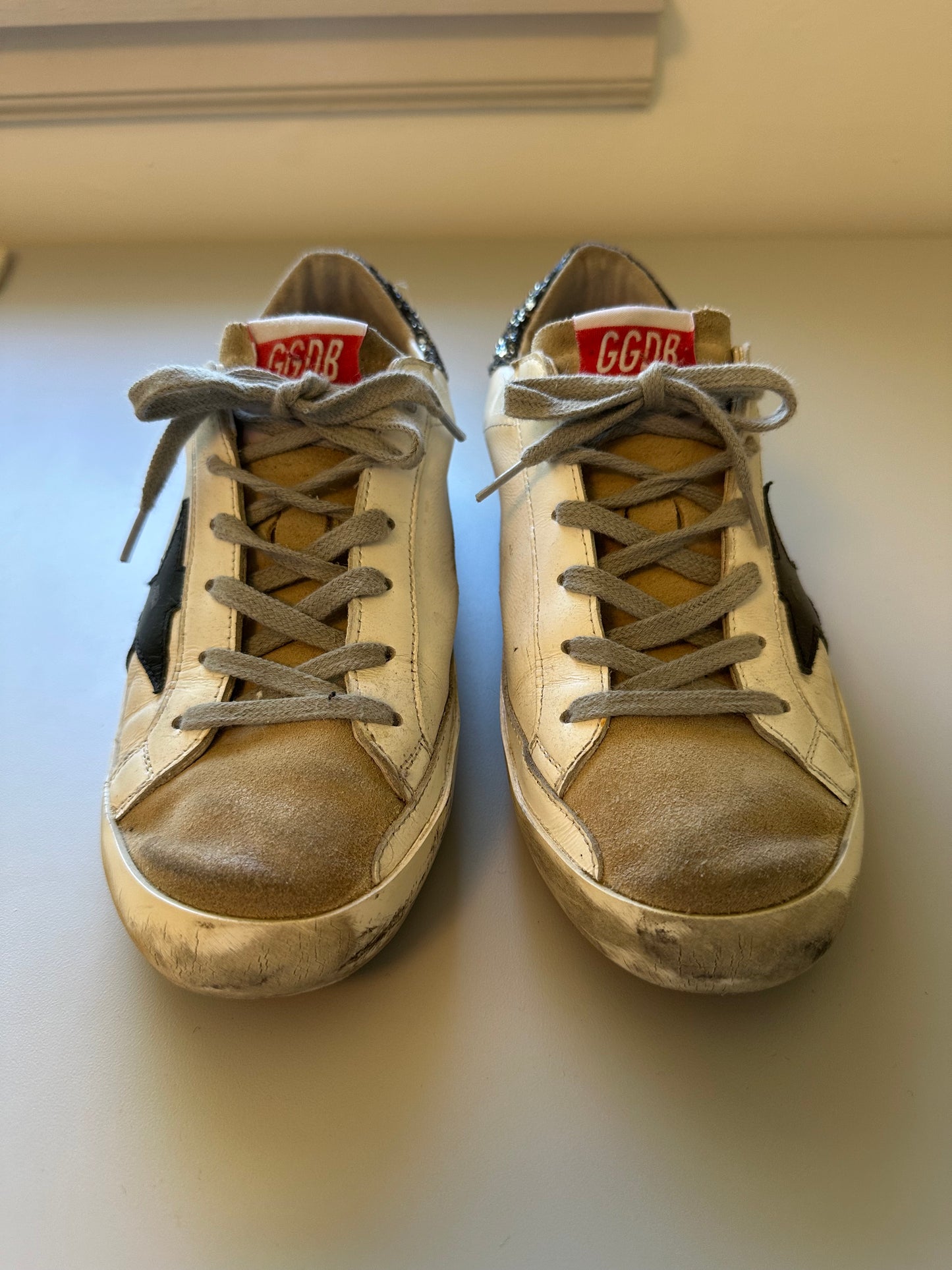 Golden Goose Super-Star Sneakers with a Star and Black Glitter Heel | Size 39