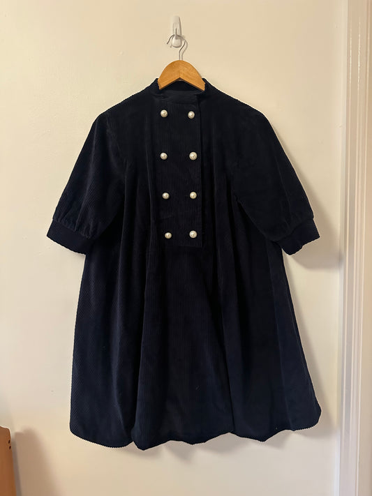Batsheva Beray Corduroy Coat Double Breasted Mini Dress in Navy | Size XS