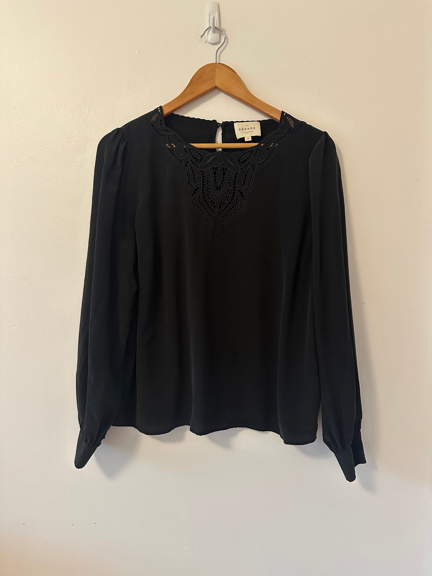 Sezane Carlotta Black Silk Blouse with Lace Neckline Accent | Size US 10 / EU 42