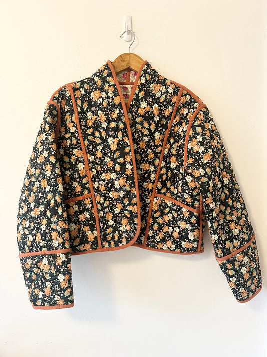 Entro Black Ecru Floral Printed Quilted Reversible Jacket | Size Medium