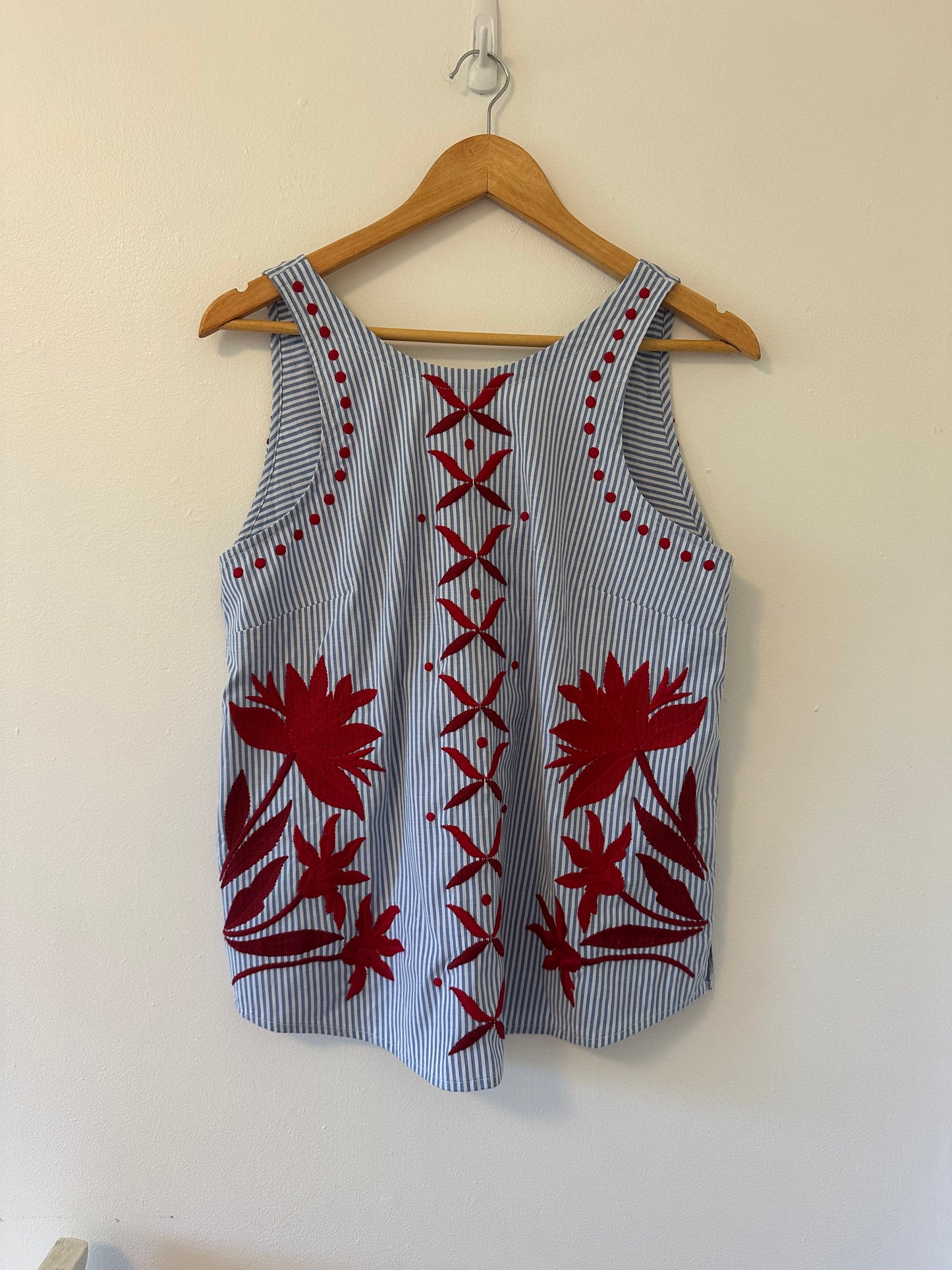 Maeve Striped Sleeveless Top with Red Embroidery - Size Medium