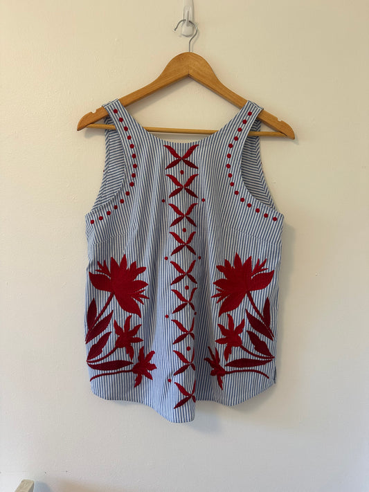 Maeve Striped Sleeveless Top with Red Embroidery - Size Medium