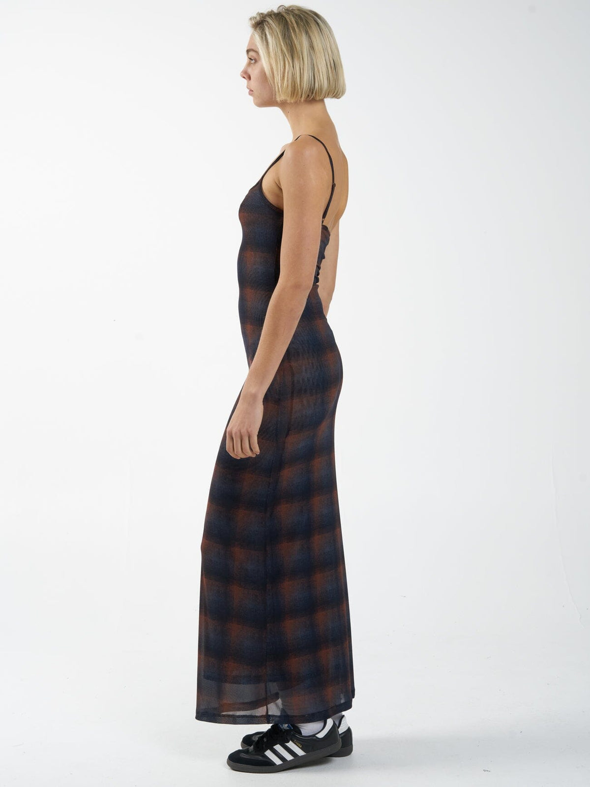 Thrills Enmesh Plaid Bodycon Mesh Spaghetti Strap Dress in Navy and Brown | Size Large