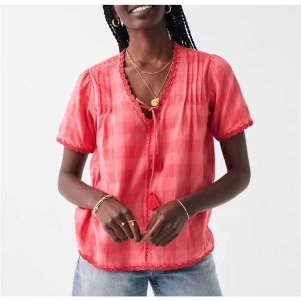 Faherty Coral Checkered Cotton Blouse with Crochet Trim | Size Large