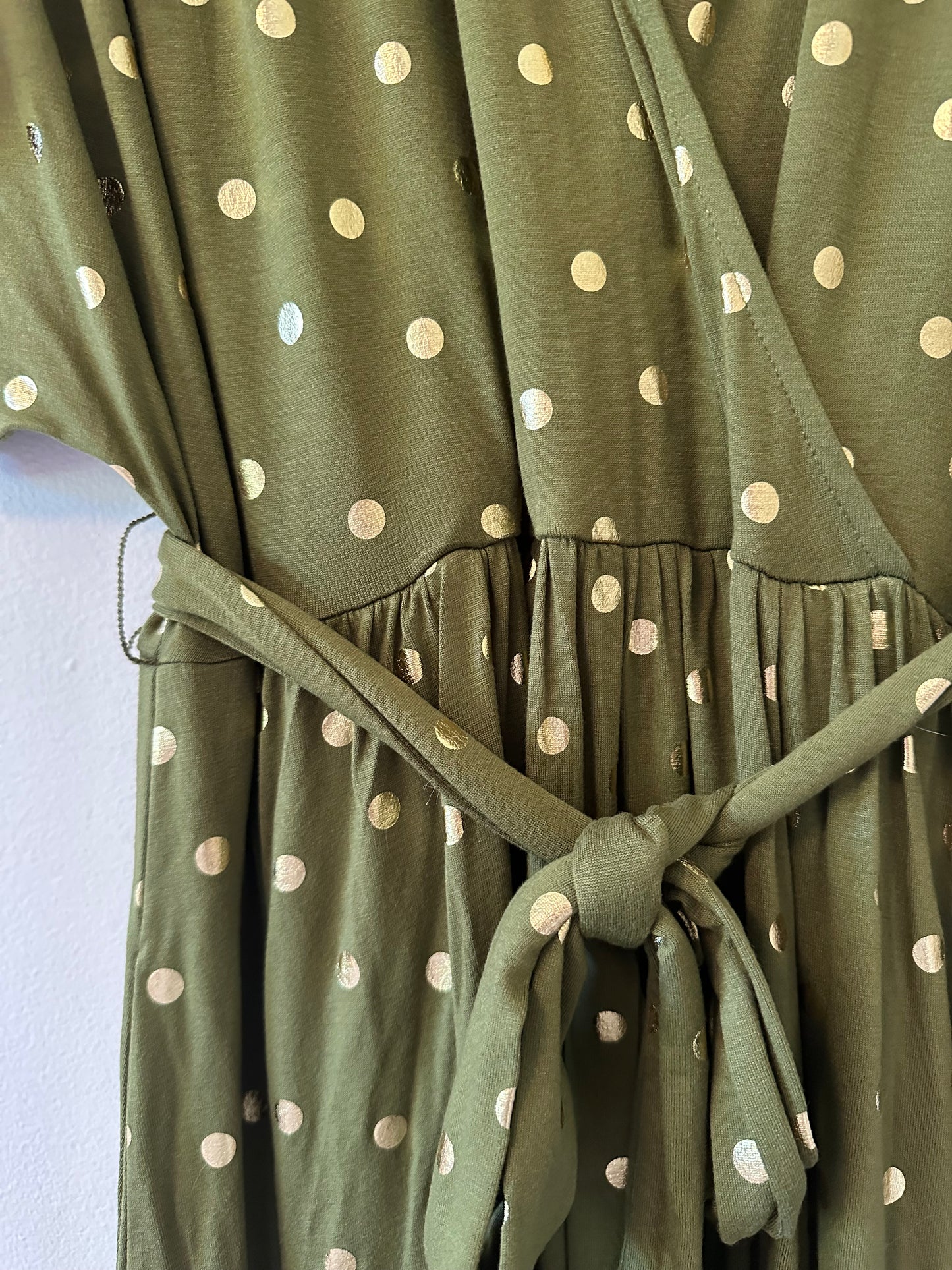 NWT Boden Kimono Wrap Jersey Dress in Green with Gold Polka Dots - Size US 10