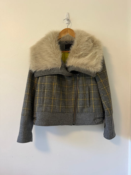 Banana Republic Faux Fur Gray and Yellow Plaid Moto Jacket | Size Small Petite