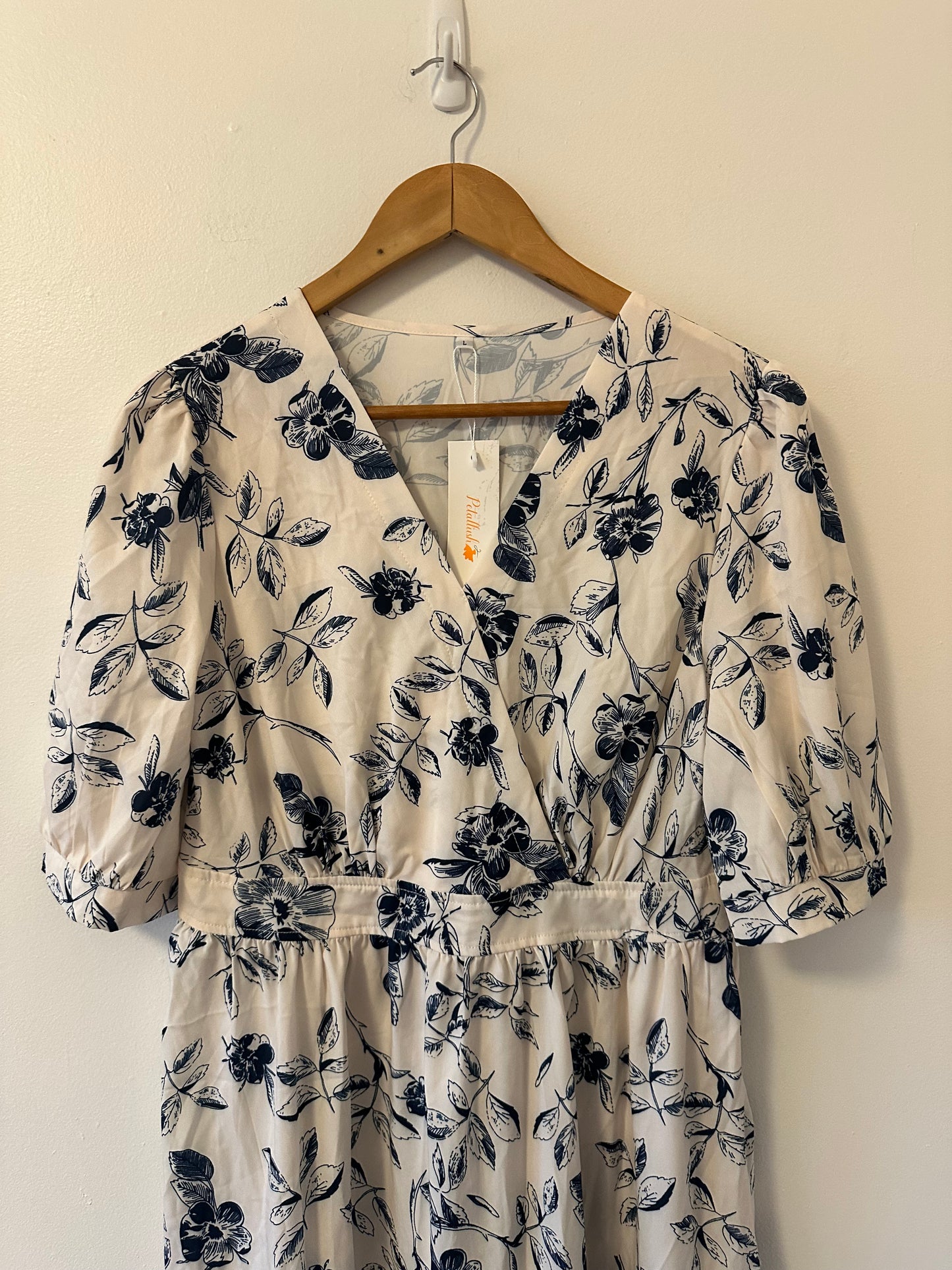 NWT Petallush Floral Half Sleeve V Neck Maxi Dress in Blue and White | Size Large