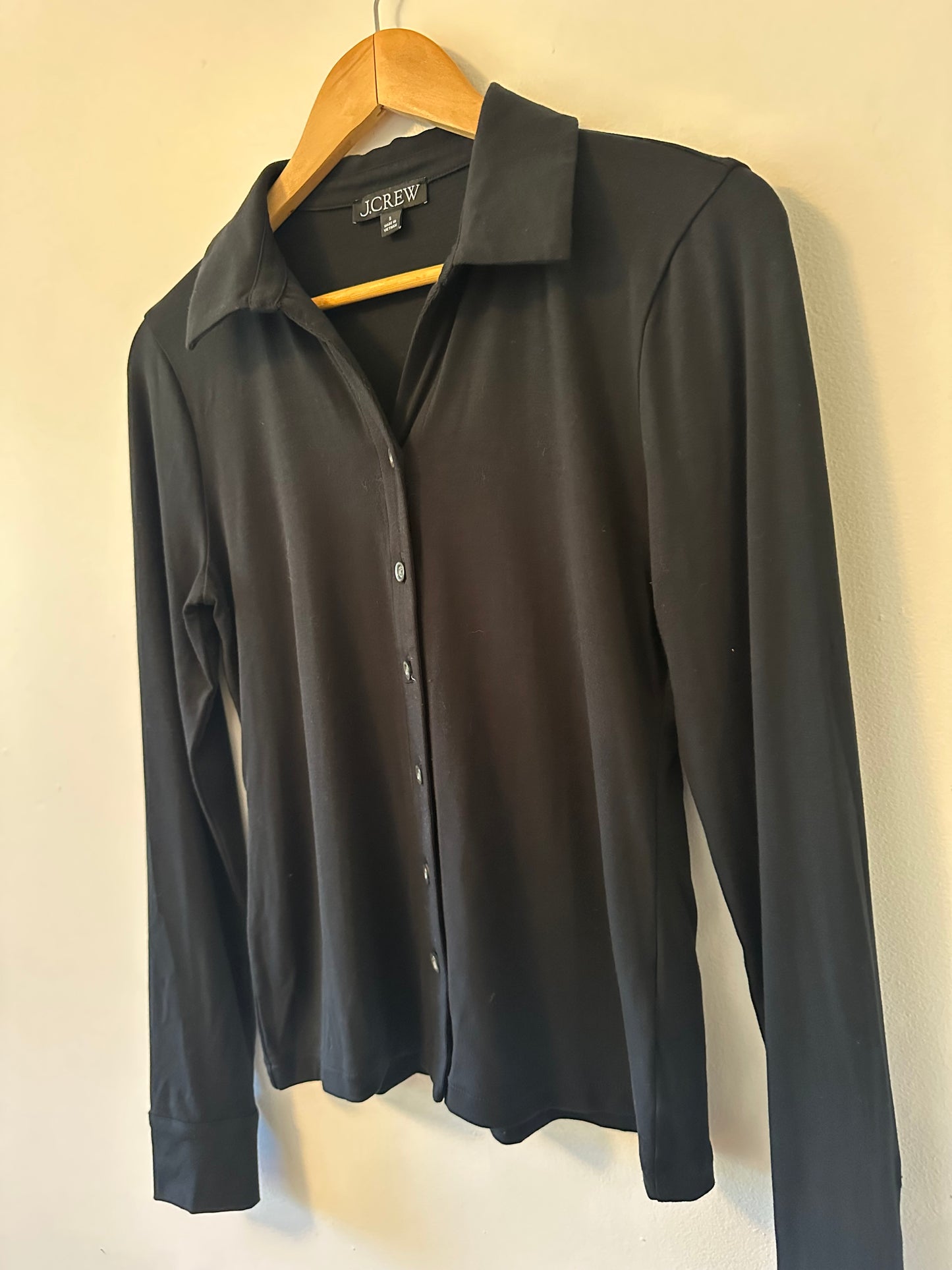 J. Crew Black Button-Up Long Sleeve Collared Top in Refined Rib | Size Small