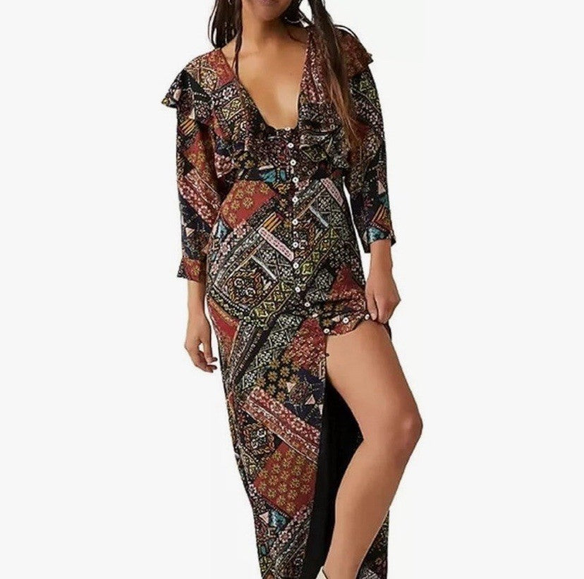 Free People Lennon Multicolor Patchwork Long Sleeve Maxi Dress - Size Medium