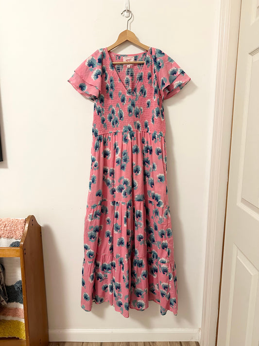 Banjanan Ira Cotton Floral Cap Sleeve Dress in Blue and Pink | Size Large