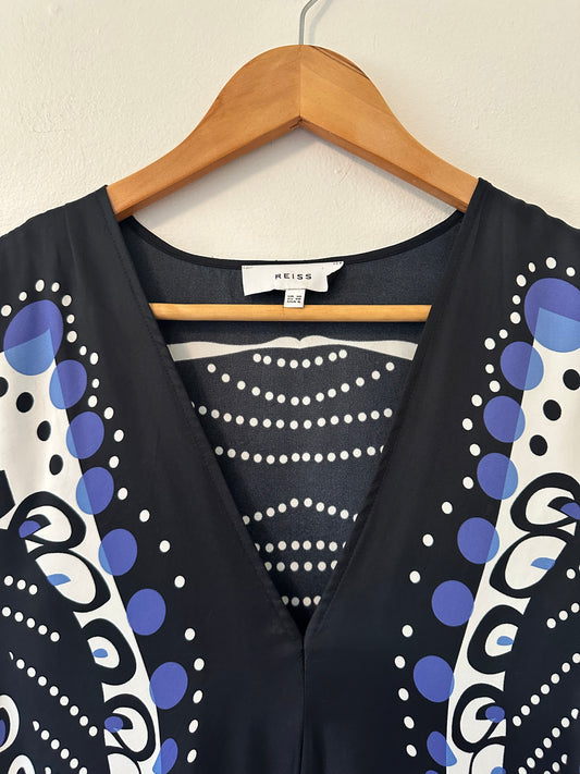 Reiss Freja Scarf Printed Midi Dress in Navy and White | Size 6