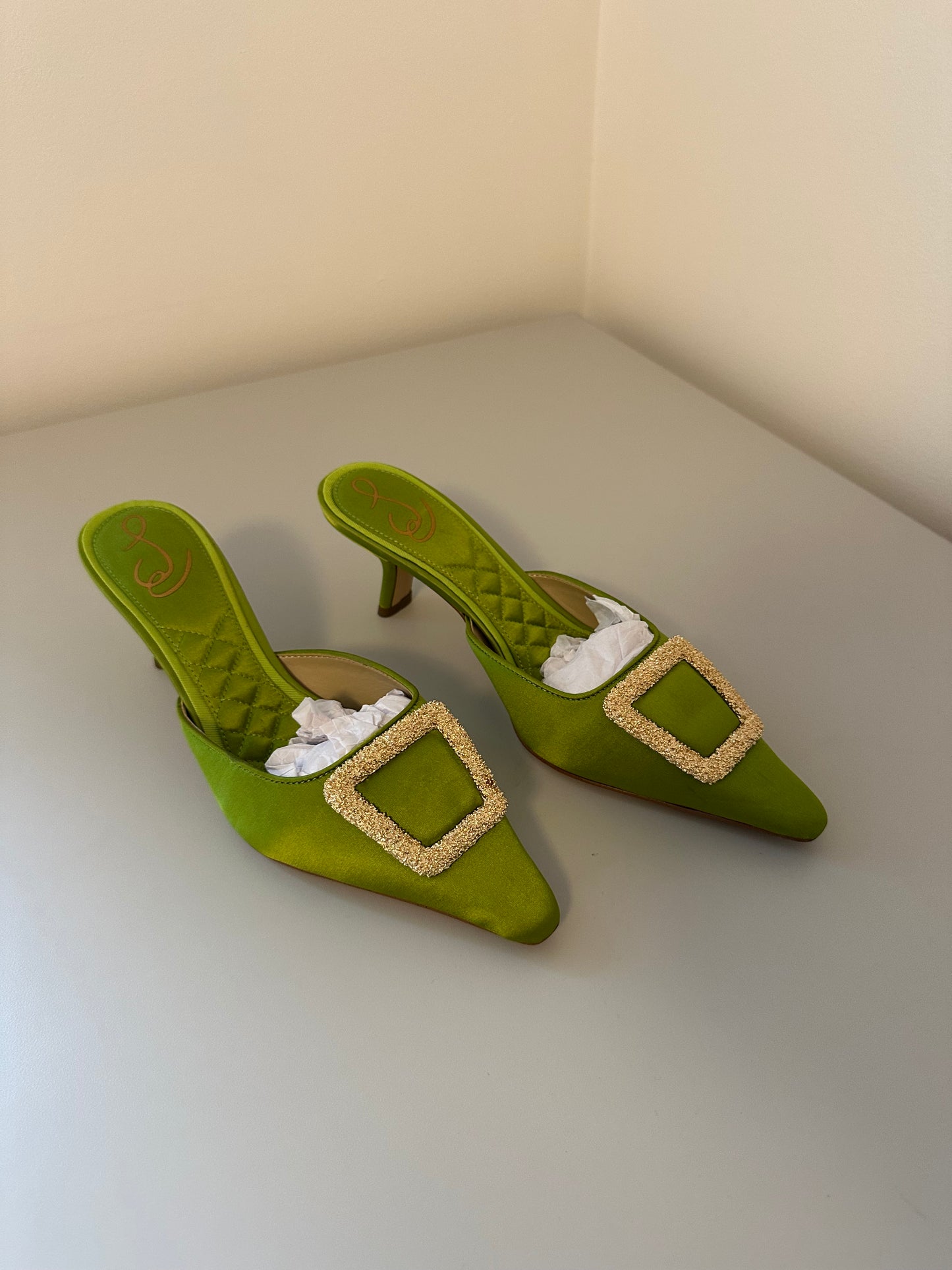 Sam Edelman Green Brit Mules with Gold Buckle and Kitten Heel | Size 7