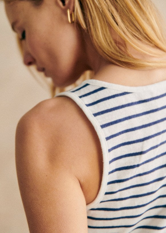 Sezane John Top in Ecru and Navy - Size Large