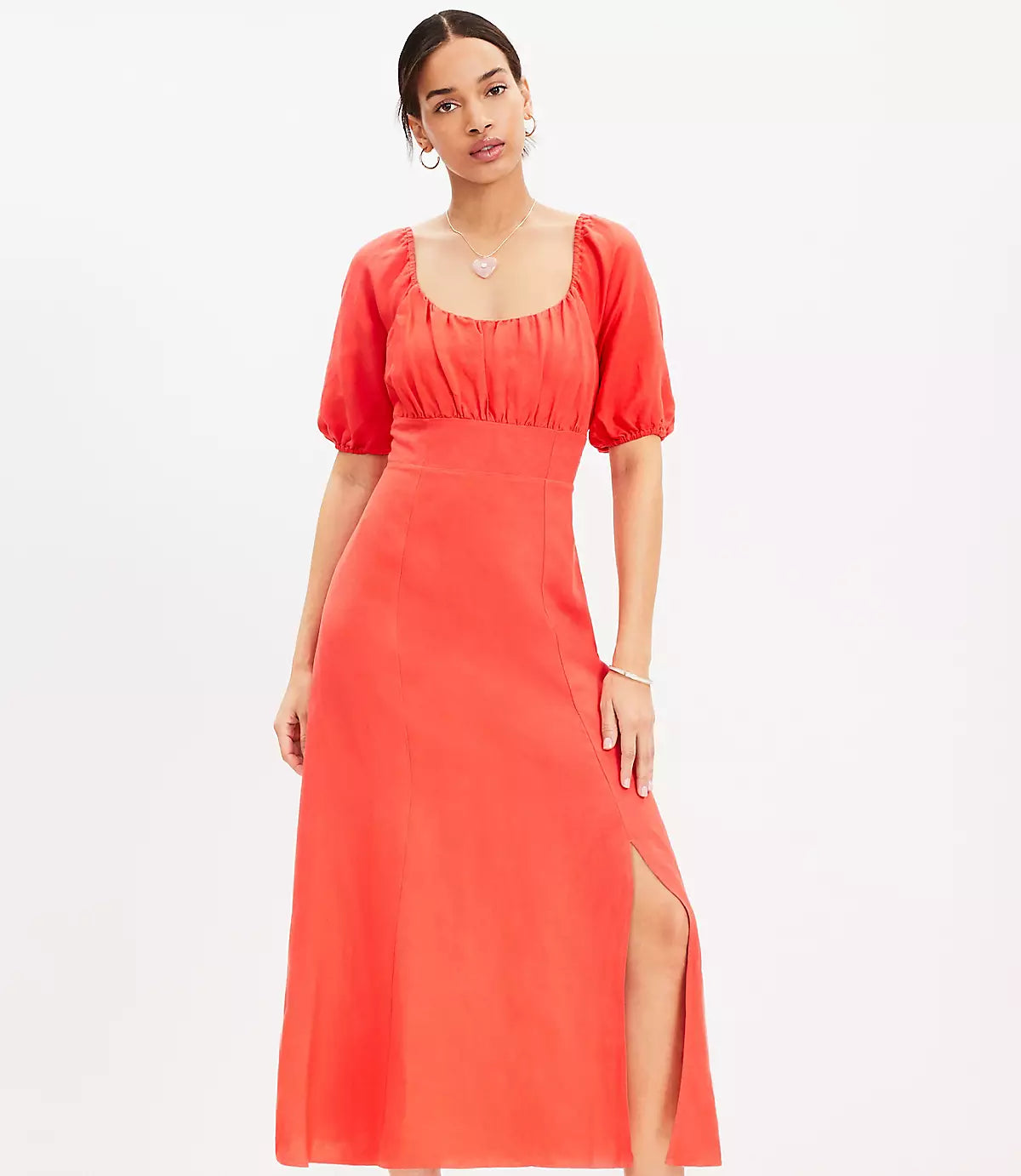 NWT LOFT Square Neck Puff Sleeve Coral Linen Midi Dress - Size 8P