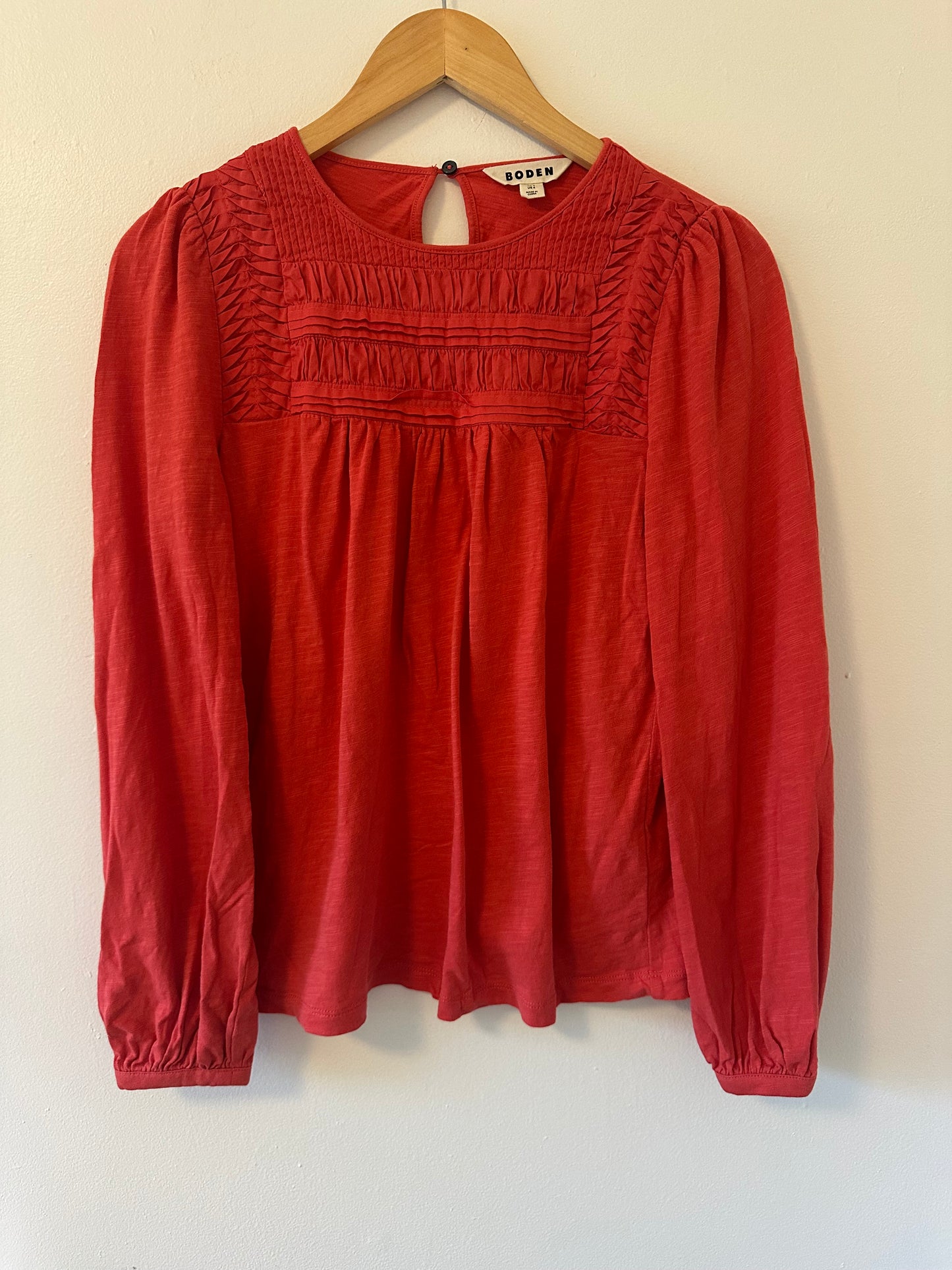 Boden Pintuck Yoke Top in Berry Red - Size US 4
