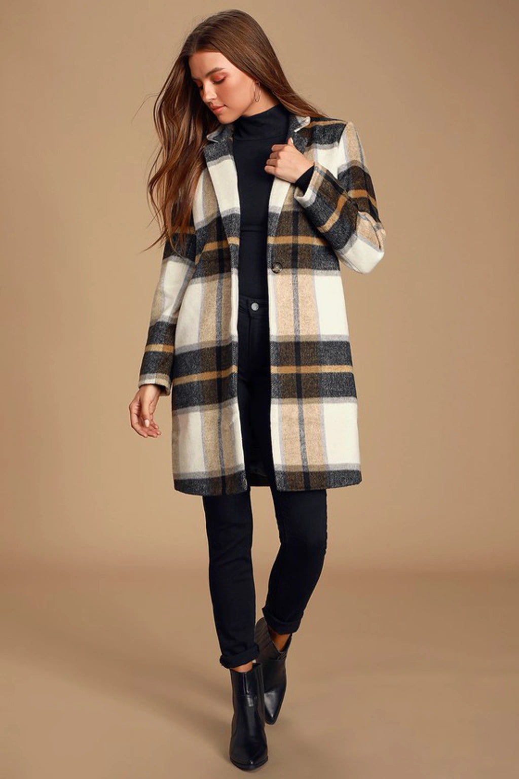 BB Dakota Steve Madden Cher Ivory Plaid Brushed Coat | Size Large