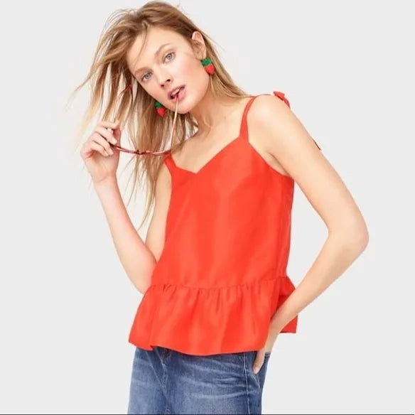 J. Crew Silk Tie Shoulder Peplum Tank Top in Orange | Size 4