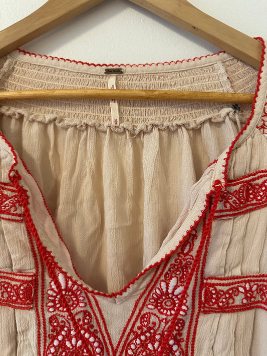 Free People Embroidered Red and Cream Women's Top Size Medium