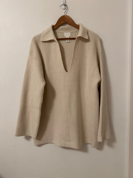 H&M Ivory Tunic Length Polo V-Neck Women's Sweater | Size Large