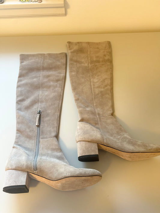 Halston Heritage Light Tan Over the Knee Suede Heeled Boots | Size 8