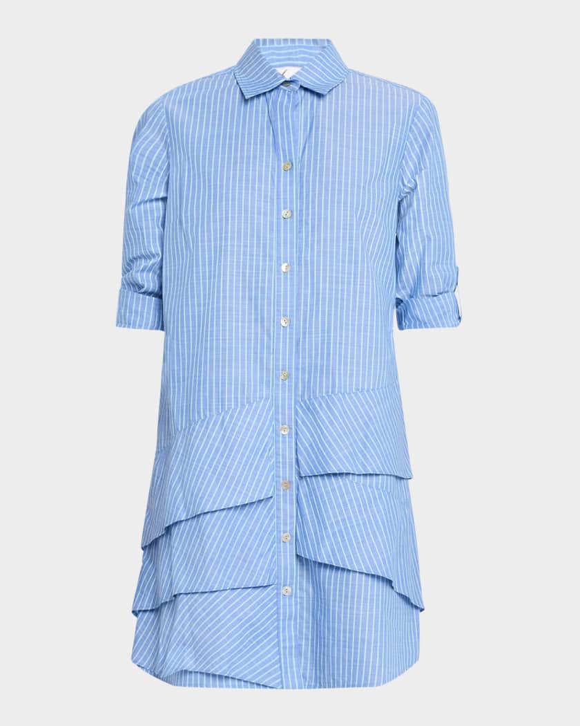 Finley Jenna Striped Ruffle Shirt Dress in Blue and White - Size Medium