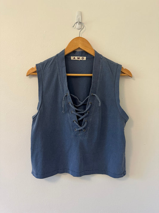AMO Women's Aviva Blue Lace-Up Tank Top in Blue - Size Small