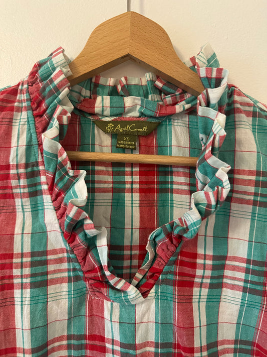 April Cornell Plaid Sleeveless Dress with Ruffle Collar Size XS