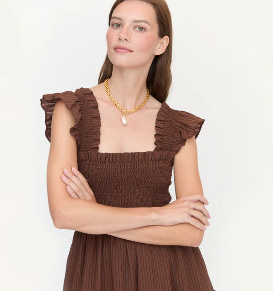 Hill House The Ellie Nap Dress in Chocolate Tonal Seersucker- Size XS