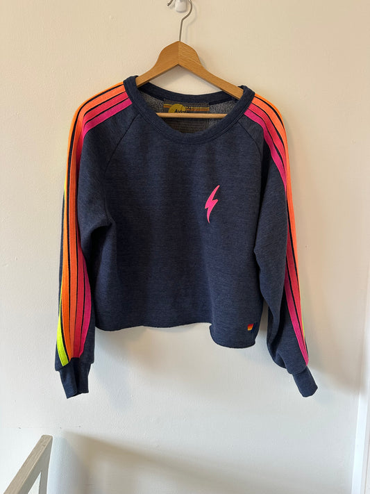 AVIATOR NATION Bolt Cropped Classic Five Stripe Crewneck Sweatshirt - Size XL