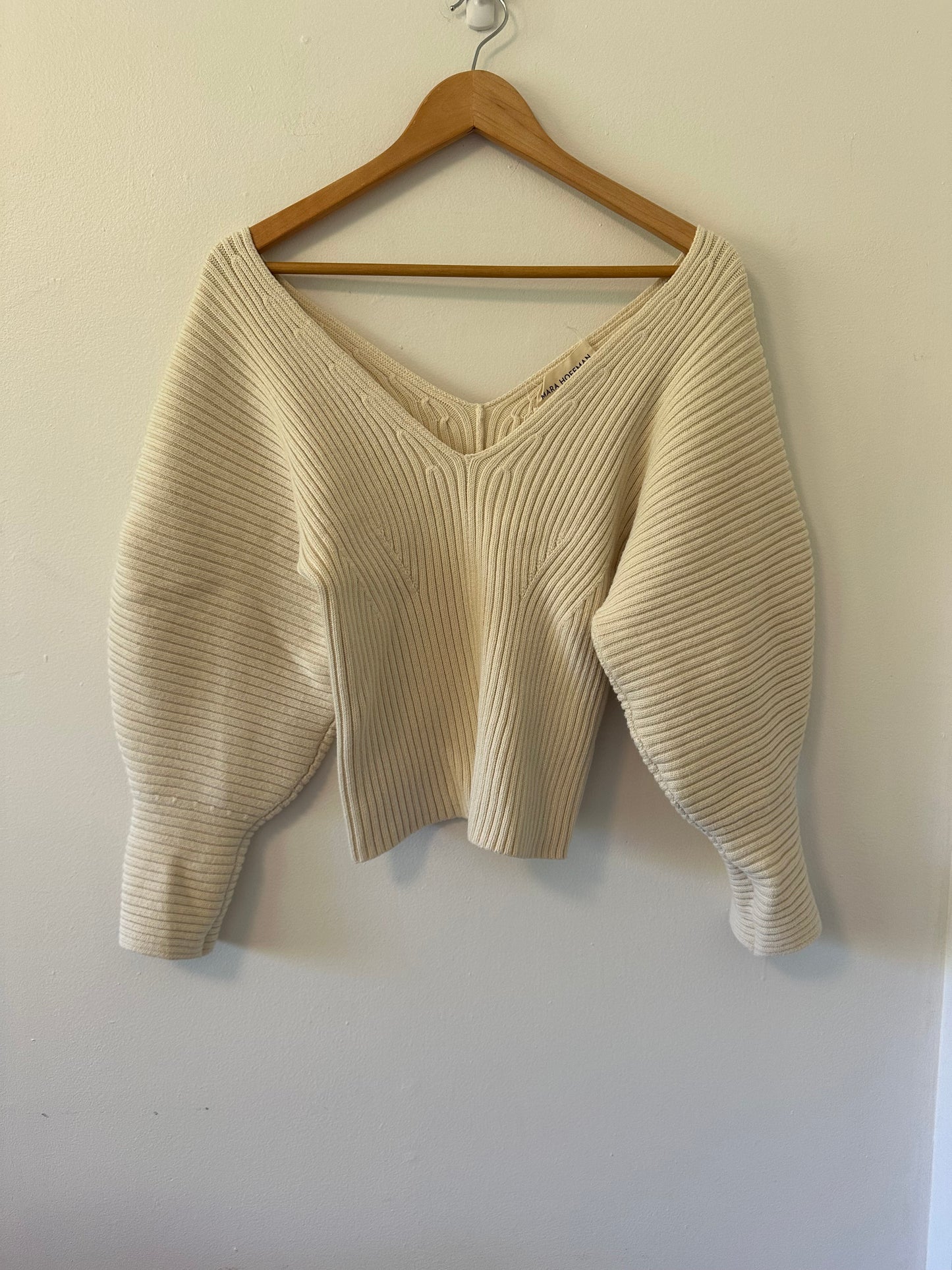 Mara Hoffman Olla Cream V-Neck Ribbed Sweater | Size Medium