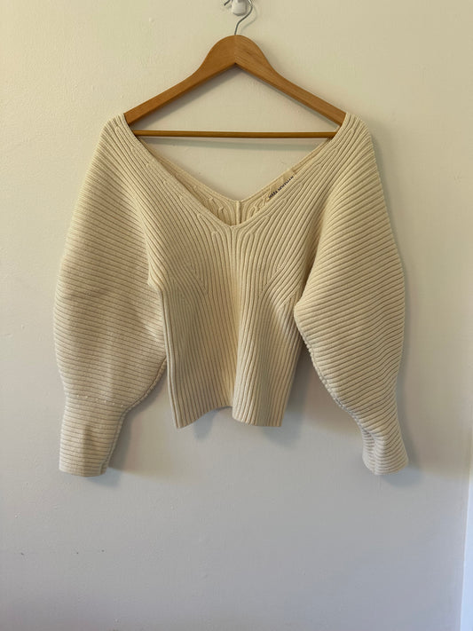 Mara Hoffman Olla Cream V-Neck Ribbed Sweater | Size Medium