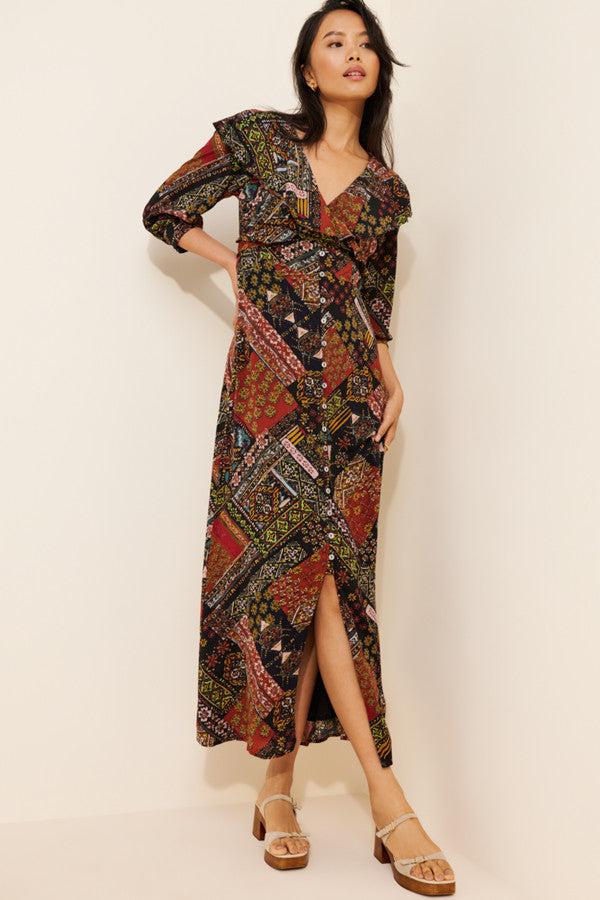 Free People Lennon Multicolor Patchwork Long Sleeve Maxi Dress - Size Medium